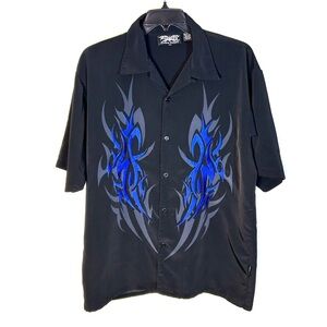 Dragonfly Button Up Shirt Black Blue Tribal Flames Rockabilly Untuck Mens Sz XL